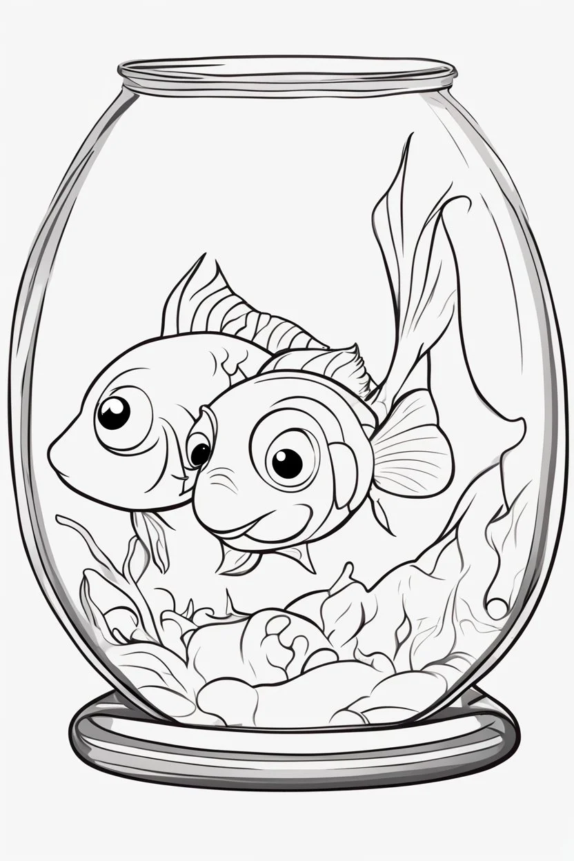 blank colouring book, white blank background, simple picture for toddlers, fish in a glass bowl, disney and pixar style
