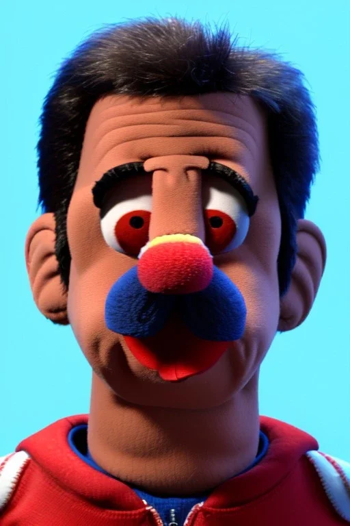 Waist up muppet Portrait, Nicolas maduro us muppet doll, Venezuelan president, tracksuit red blue and yellow, mustache, photo studio, red background, unreal engine 5, concept art, art station, ray tracing, lumen lighting, ultra detail, volumetric lighting, 3d.