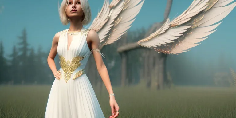 subtle queen, atmospheric, realistic, unreal engine, cinematic lighting, octane render, transparent long dress, blonde, full body, bright wings, smile, long hair