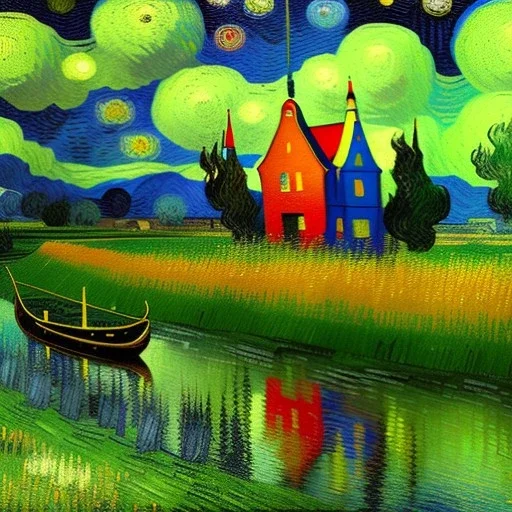 Dibujo al oleo de una pradera con una casa y un rio con una grulla con muchas nubes de colores estilo Vincent van Gogh