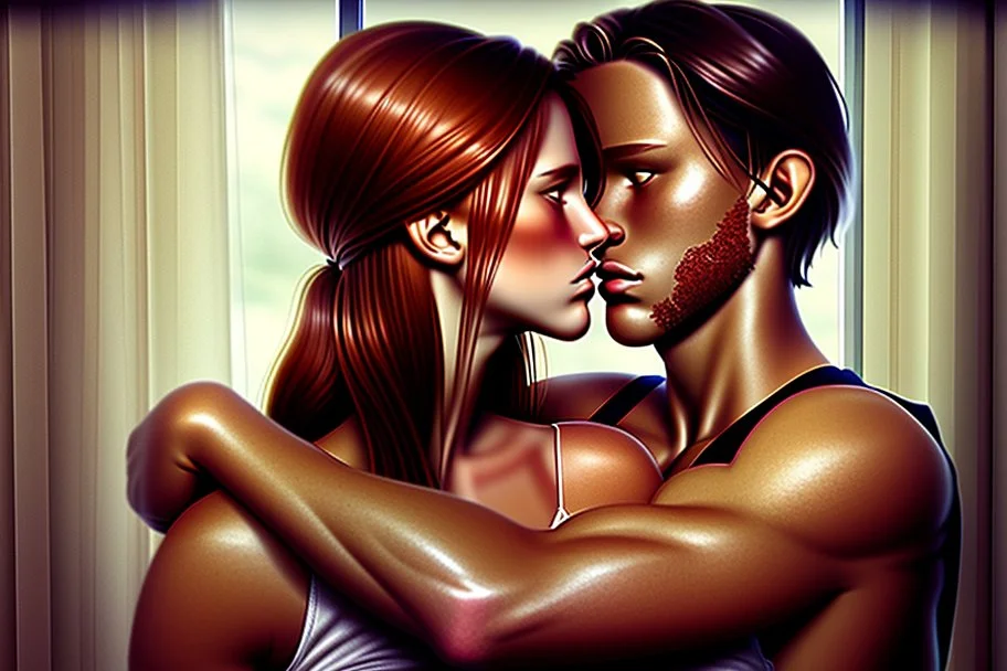 digital art of beautiful auburn hair teenage laracroft girls with grandpa in a bedroom, hugging dad bare lips