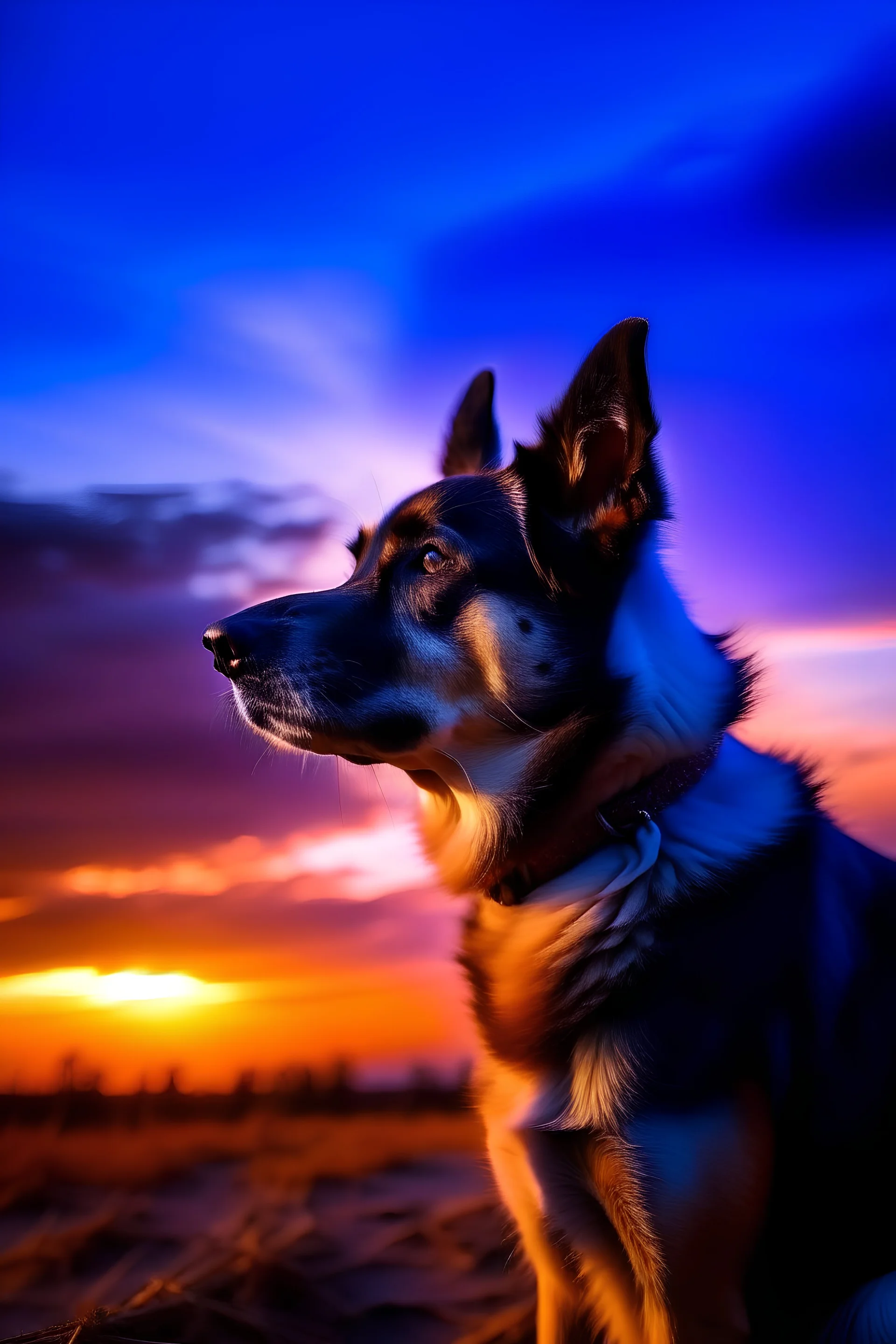 dog,purple blue color,sky,sunset