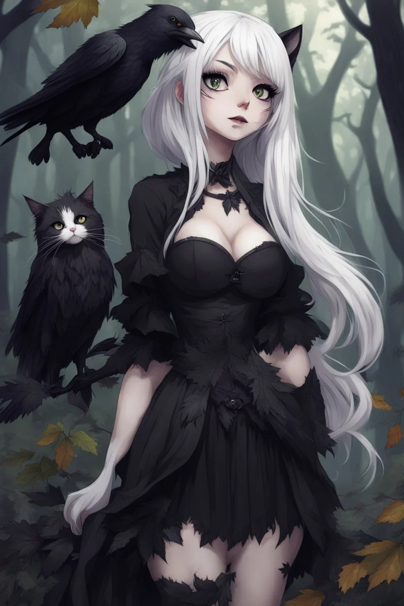 CAT GIRL, goth, forest, nature, cartoon, leaves, half black half white hair, boobs, ravens