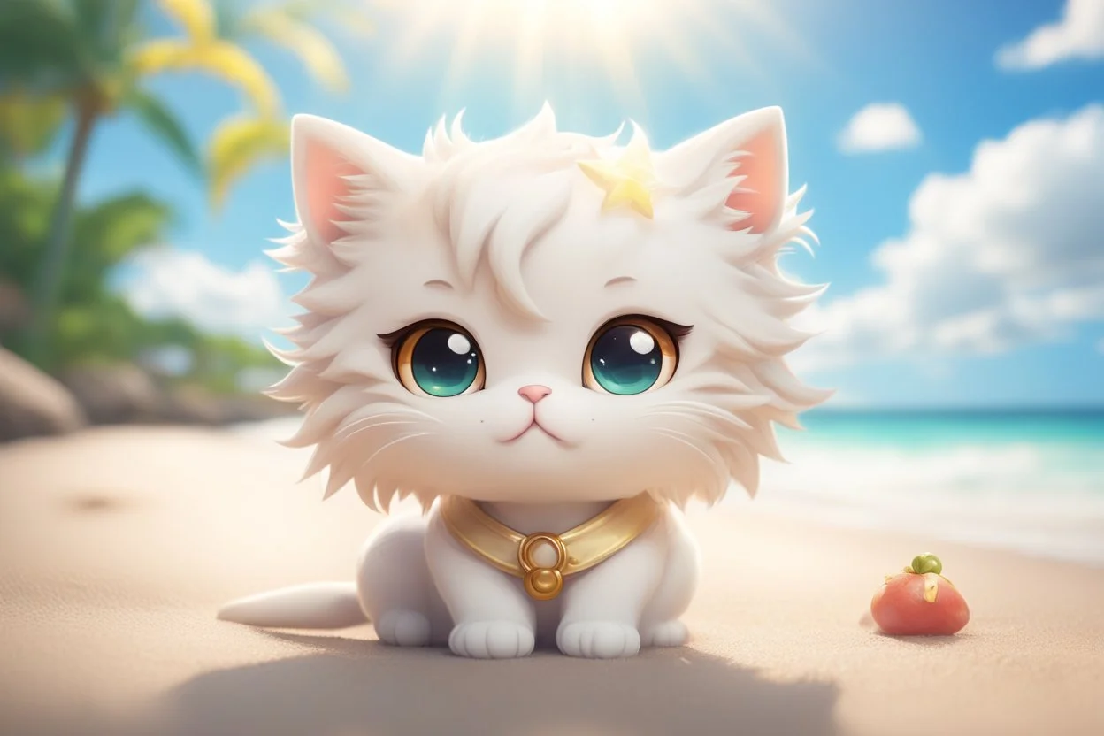 cute anime chibi cat on a tropical beach in sunshine Weight:1 heavenly sunshine beams divine bright soft focus holy in the clouds Weight:0.9