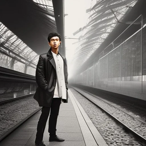 A young Asian man with long hair and a black trench coat waiting for a woman at a train station in istanbul