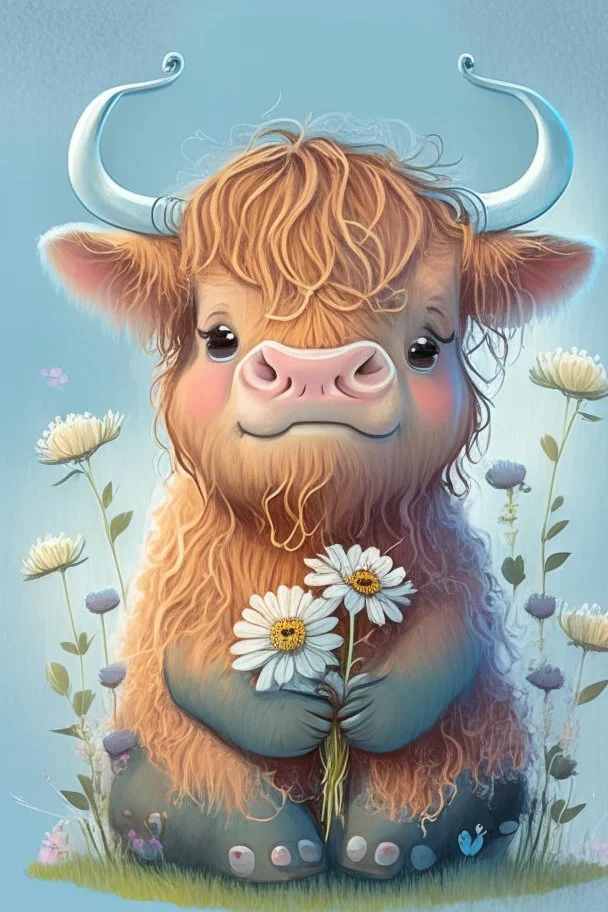 Adorable cute happy baby scottish highland cow with dreamy eyes, sitting down and holding a flower, nursery art, very rendered polished Perfect, smooth edges, flawless Facial Features, Stunning, Whimsical Fantasy, Cute, Highly Detailed, Well Rendered, cartoon, illustration