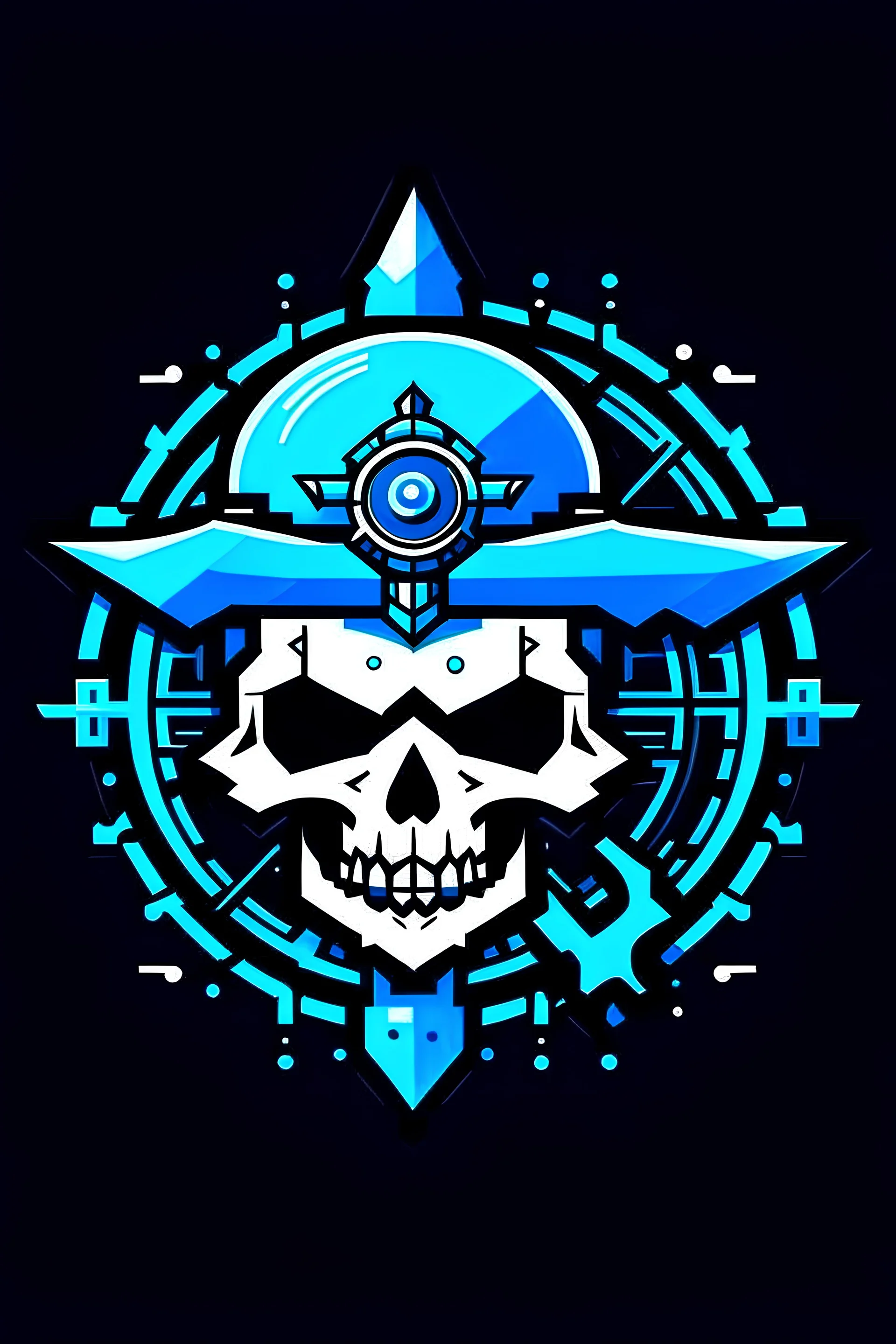 An 8-bit style symmetrical logo featuring a pirate skull wearing a pirate hat and compass with a blue glow.