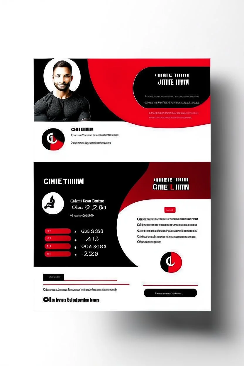 business card layout for a gym instructor, red and black, vector art, white background with email, address and Instagram icons