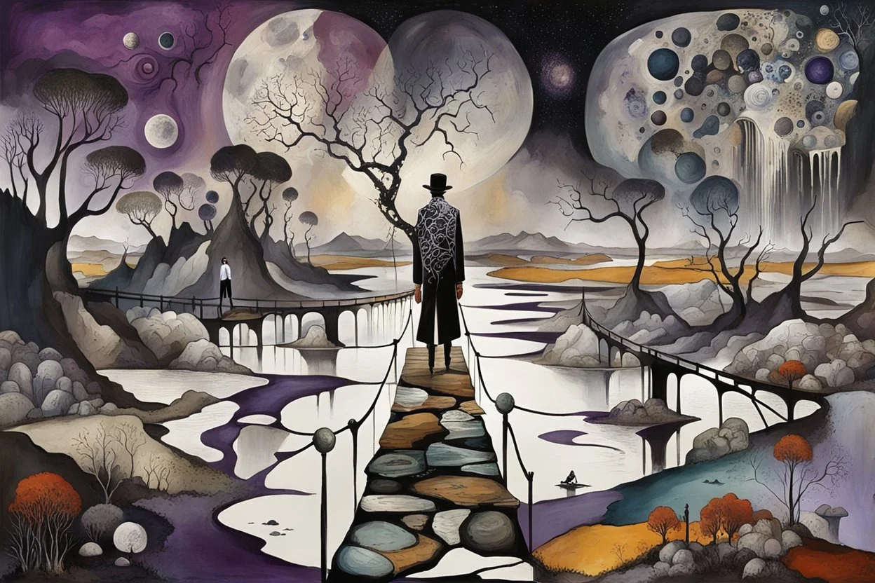 face to the camera in midle one alone human figure with a big map his hands in weird whimsical clothes stands on thin weird bridge , weird whimsical landscape, forest, and Sahara water and rocks,, around surreal cracked painted weird land with some black doors. dark purple, gray, black, white, brown,deep colors. style of Chagall , of Minjae Lee and Tim Burton, absurd beauty. broken, weird bizarre absurd, nightmare, neuron network background, surreal vibe
