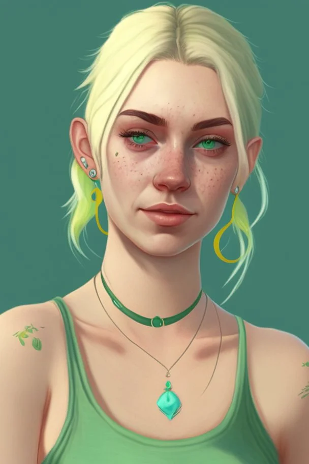 Realistic young woman, neck length white blonde hair in a half ponytail, pale skin, light blue eyes, freckles, big boobs, big green earrings, green and gold necklace, green tank-top with blue overalls on top, grey plant tattoo on arm