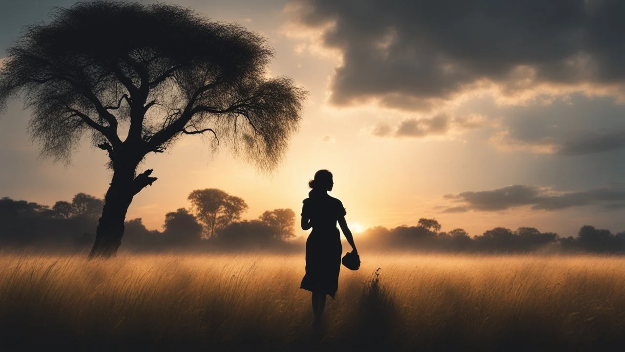 Hyper Realistic Silhouette of a mother carrying her child at cloudy sunset in a field with tall grass & a old-thick-tree showing cinematic & dramatic ambiance