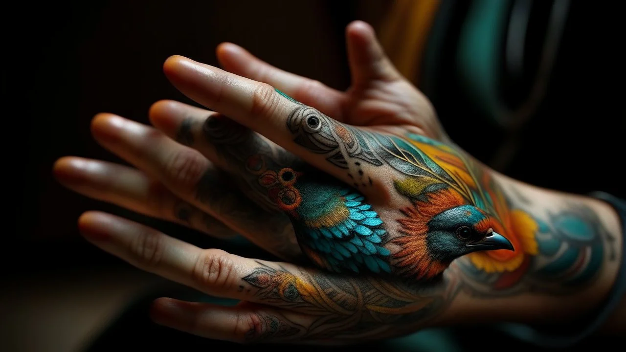 A captivating close-up of two hands intricately positioned to form the shape of a bird's head, with the fingers acting as the beak. The hands are adorned with intricate and colorful tattoos, suggesting a sense of mysticism. The open beak of the bird seems to create a sense of anticipation, as if the bird is about to speak or sing. The background is a blend of warm and cool colors, adding depth and dimension to the scene.