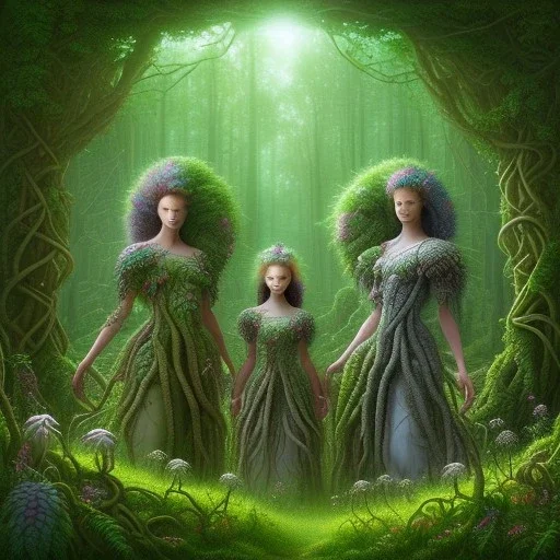 Painting .three women. A mother. Two daughter. Twins. A mother with her children. three young black women. wood nymphs emerging from the forest. Her hair looks like vines. Dreadlocs. Her skin is the colour of dark soil. Her skin looks like tree bark. Her clothing is made of vines, grass and leaves.