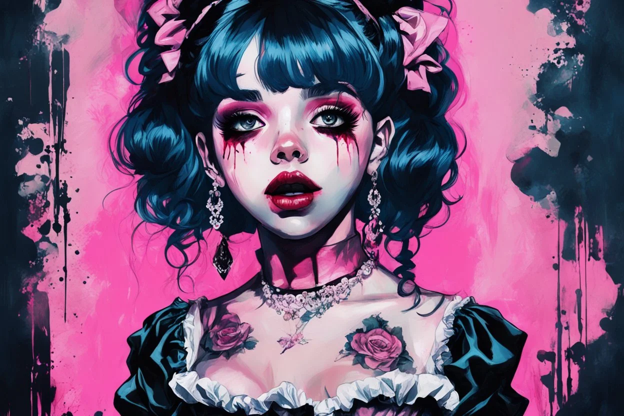 Poster in two gradually, a one side malevolent goth vampire girl face and other side the Singer Melanie Martinez face, full body, painting by Yoji Shinkawa, darkblue and pink tones,