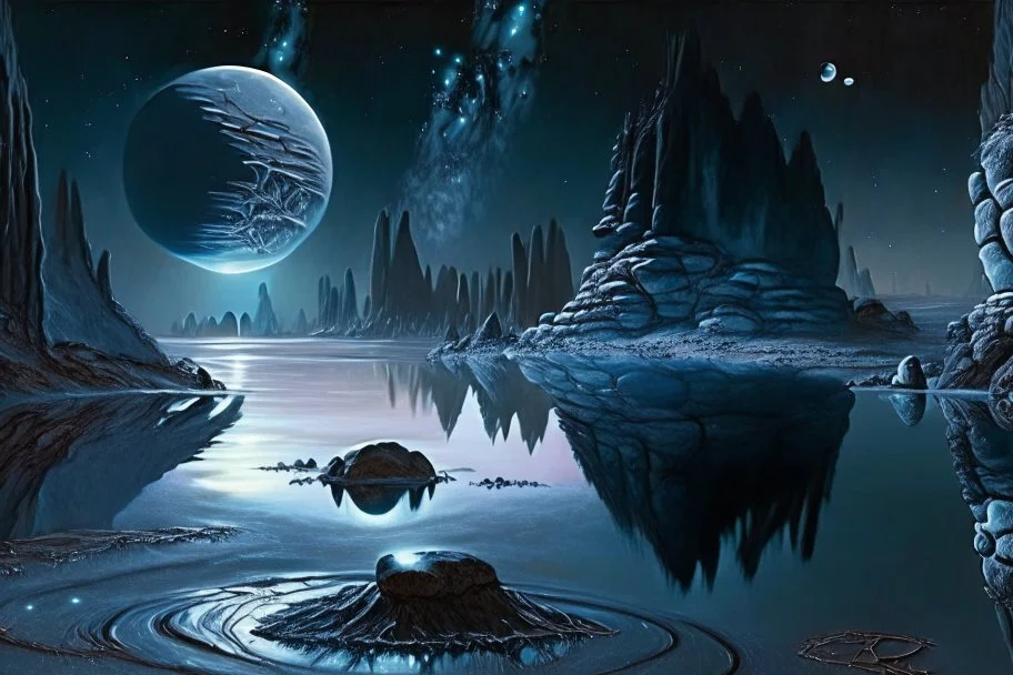 Grey Exoplanet in the hotizon, rocks, Night, lagoon reflection, sci-fi, epic, otto pippel painting