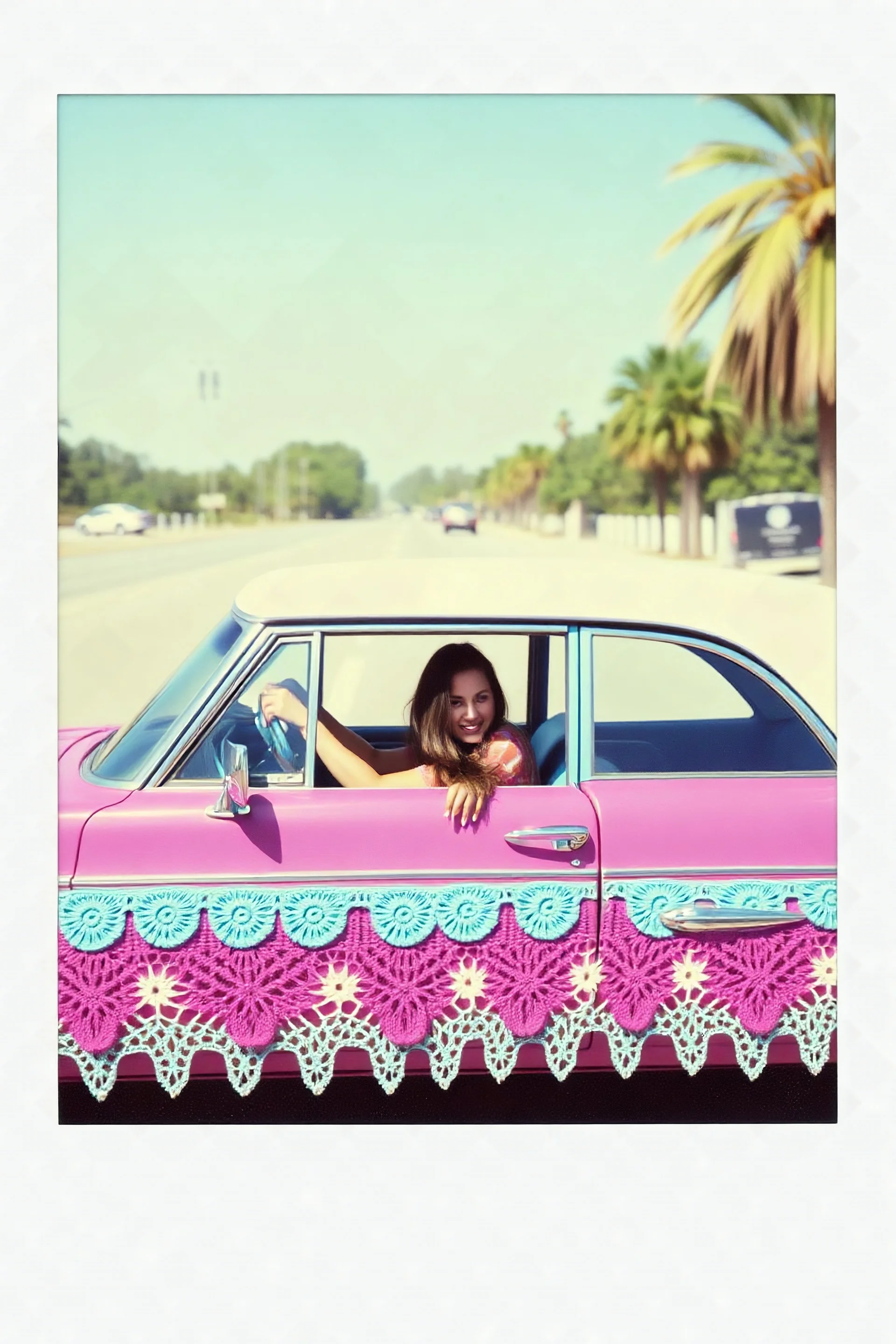 Vintage polaroid of a hippie car,crochet, purple, turquoise, Priscilla presley