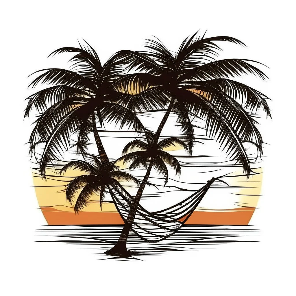 A palm tree and hammock, tropical, tranquil, sunset lighting, T-shirt design graphic, vector, contour, white background