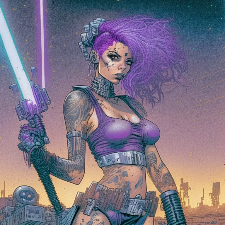 Una mujer egirl de pelo violeta cyberpunk con tatuajes fittnes en armadura plateada futurista en un estilo de comic de 1980 en un wasteland en montevideo con una sable de luz tipo star wars.