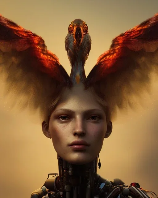 A beautiful portrait of a cyborg phenix bird ,fire on wings, high key lighting, volumetric light ,high details ,psychedelic background