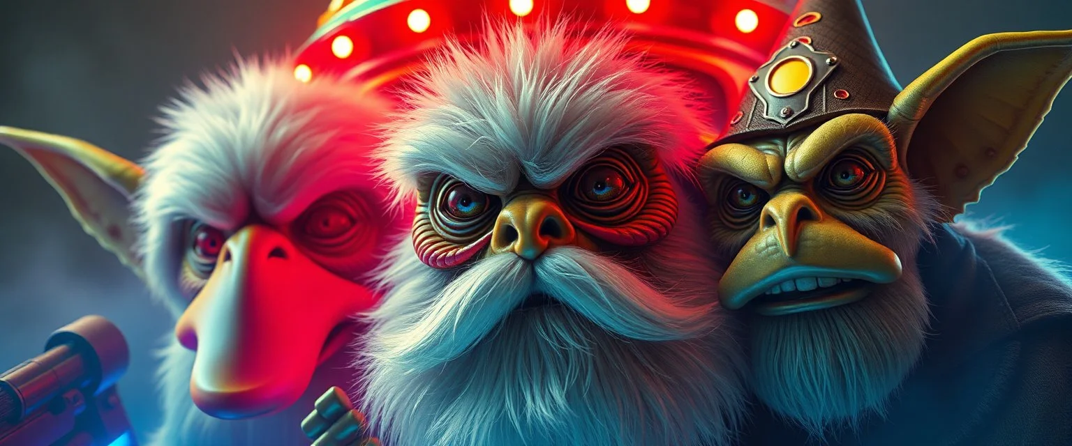 volume fog light, hyper real close up on fluffy beard faces of rock alien cricket duck priest gremlin grandma general with hi tech transcendent lazer plasma blaster arsenal from hell, guarding bridge up to space saucer neon plastic transparent, movie poster