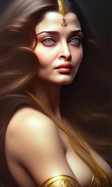 aishwarya rai hot , beautiful, long hair, wavy hair, curly hair، black eyes, head and shoulders portrait, cinematic, 8k, resolution concept art portrait by Greg Rutkowski, Artgerm, WLOP, Alphonse Mucha dynamic lighting hyperdetailed intricately detailed,jewelry ,golden hour