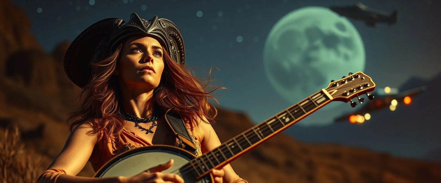 good night alien hill billy boss woman with a banjo In the style of Rembrandt,Background blur. Movie poster. Wild look. seen above, with a space ship beside her,