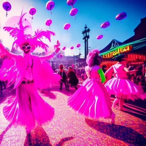 Ultra Realistic photo, medium shot view, drunken dancer women, carnival scene, steampunk. Pink hair, confeti, Sunglasses, smoking, happy, festival, red fog. highly detailed, concept art, unreal engine 5, ray tracing, RTX, lumen lighting, ultra detail, volumetric lighting, 3d, finely drawn, high definition, high resolution.