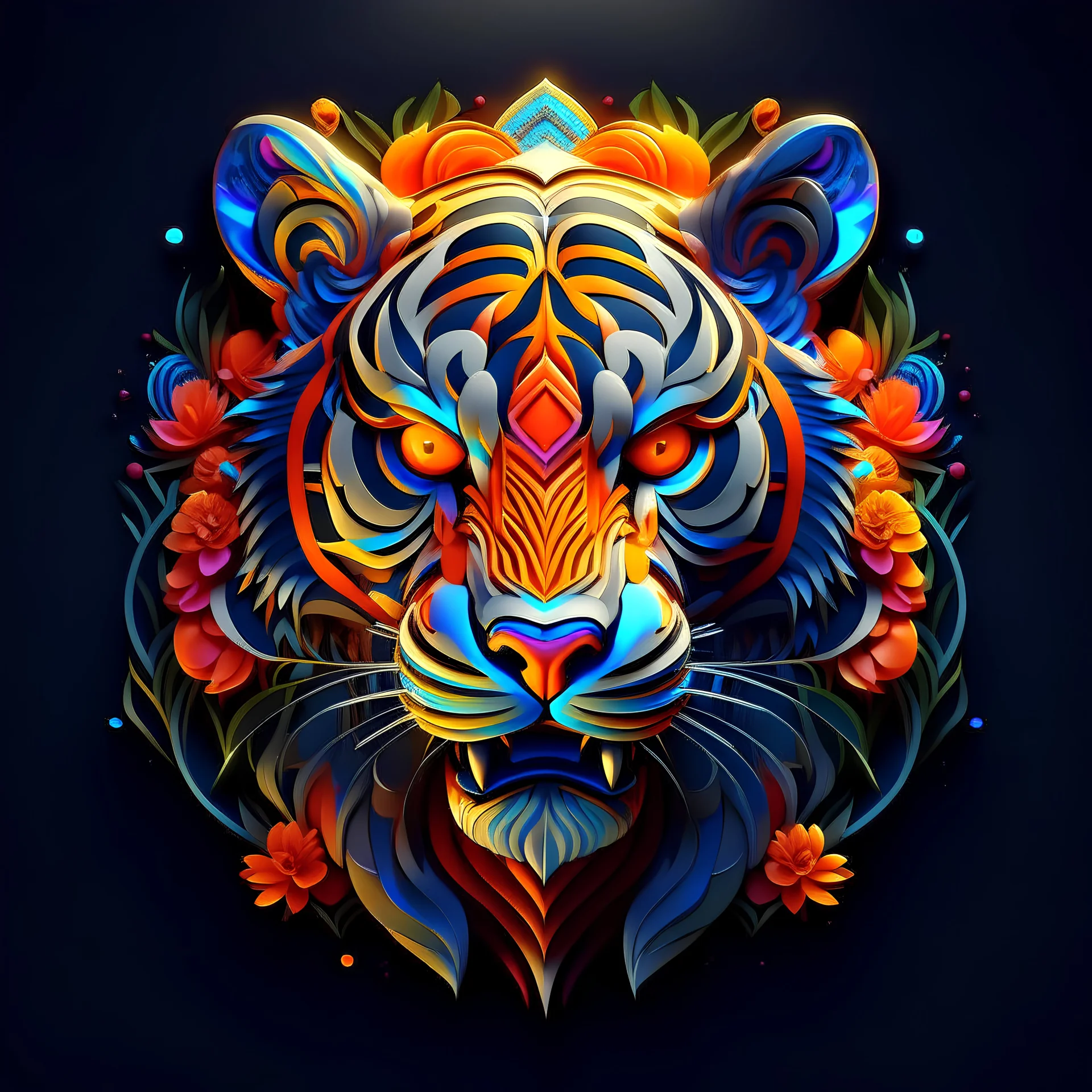 logo design, complex, trippy, bunchy, 3d lighting, 3d, tiger, realistic head, with neon colors, floral, flowers, cut out, modern, symmetrical, center, abstract