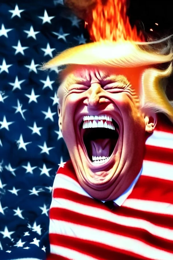 donald trump burns the american flag while maniacally laughing