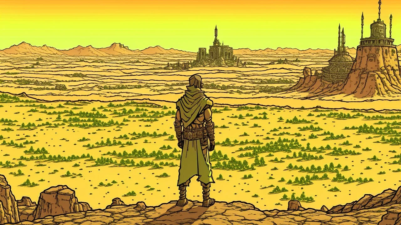 Desert warrior from behind looking at a city on a plateau in the distance, comic style