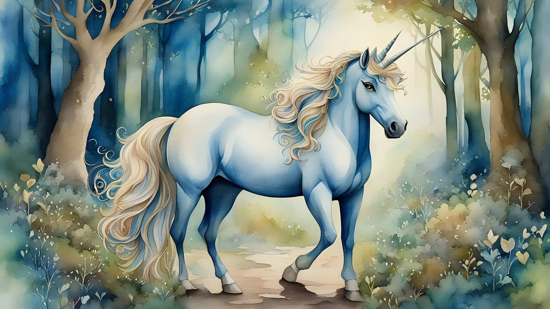 Watercolor, full-length, fantasy portrait of a beautiful unicorn in a fairytale forest, a magical atmosphere around a fairytale scene. Color palette: blue, shades of green, light brown, beige, brown. Beautiful happy art, fabulously magical, art on cracked paper, cinematic, complex background, play of shadows, detailed intricate background, mystical landscape, big eyes, Miyazaki, Hieronymus Bosch, illustrations of children's stories, very detailed unusual beautiful details, in-site, haunting, ric