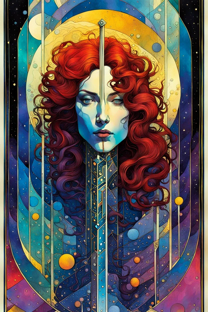 Create a chaotic abstract cubist Tarot Card depicting The Page of Swords , with highly detailed facial features, in the style of Bill Sienkiewicz, Philippe Druillet, Gustav Klimt, and Jean Giraud Moebius, precisely drawn, colored and inked, with ornate bordered edges