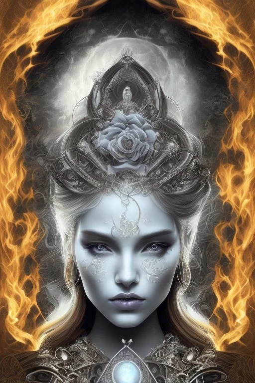 Create an image of a Wiccan Mayday Goddess. The goddess should be depicted as a beautiful and powerful figure, surrounded by symbols of the element of fire. Her hair should be long and flowing, and she should be dressed in a flowing gown or robe. In the background, include imagery of flowers, greenery, and perhaps a bonfire or other symbols of the Beltane celebration. The image should evoke a sense of joy, celebration, and spiritual connection to nature.