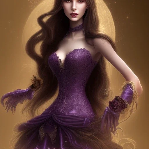 alluring very slim witch of darkness in tight purple wedding dress with very long brown hair and bangs