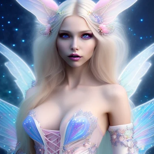 beautiful, soft, big smile face, whole head, long straight blonde hair blues eyes, crown on the head, clothing in transparent bluish and pink veil,fairy wings on the back, background brillante bluish and pink, hight definition, 8K