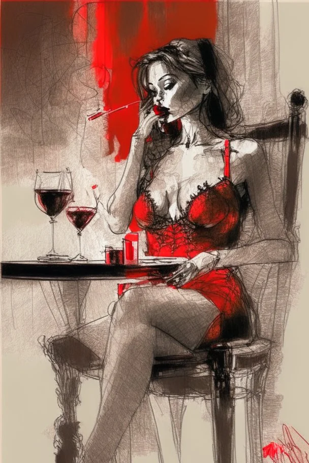 elegant beautiful brown-haired woman in red and black lace lingerie with crossed legs, proudly sitting on a chair, cigarette in her right hand, a glass of red wine on a table next to her, her lips are red, surrealist, smooth, pop, accentuate, faded glow, morning, bright, fine art, push, structure, silhouette, pencil sketch by Jean Cocteau fantasy high definition crisp quality in sunshine