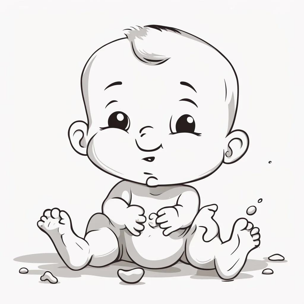 Please create a simple illustration of a baby with a noticeably full diaper. The baby is playing with poop. The background should be white.