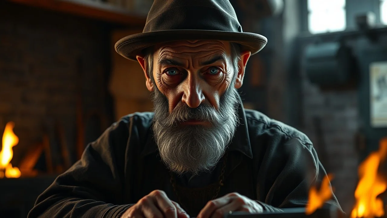 elderly Victorian blacksmith working in his forge, perfect eyes, exquisite composition, beautiful detailed intricate insanely detailed octane render trending on artstation, 8k artistic photography, photorealistic concept art, soft natural volumetric cinematic perfect light, chiaroscuro, award-winning photograph, masterpiece, raphael, caravaggio, greg rutkowski