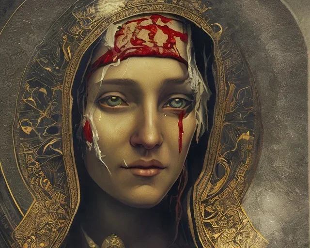 The Virgin Mary, cry in the dark, blood, darkness, Outlast, photorealistic illustration, 8k