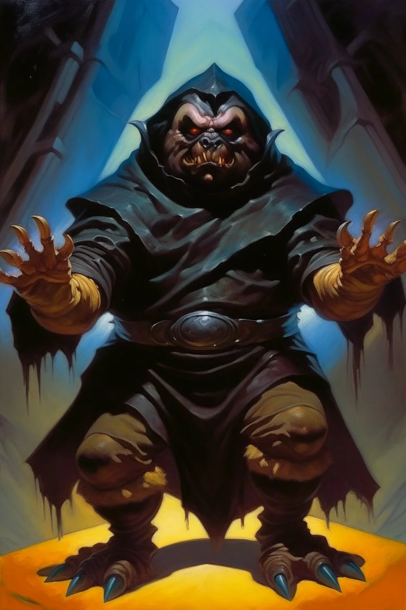 1970's dark fantasy cover dnd style oil painting of a medieval human fat genius with black hands claws in horror sport outfits with minimalist far perspective. Magazine.