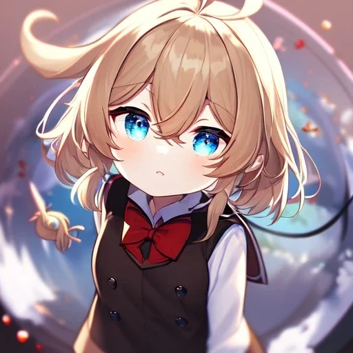 Clear focus, High resolution, rough line, half chibi, cute, cartoon, short blonde hair, hair between eyes, fluffy hair, blue eyes, wearing a sailor uniform, wearing a brown vest, long locks, 1girl, red bow, fluffy bangs, ahoge