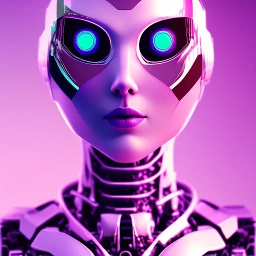 One eye Modern robot face, Sci-fi character, purple backlight, pink and purple, scifi suit, profile, purple background, pink lighting