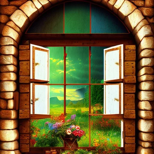 Old cozy wooden window Alpine style old colours drawings