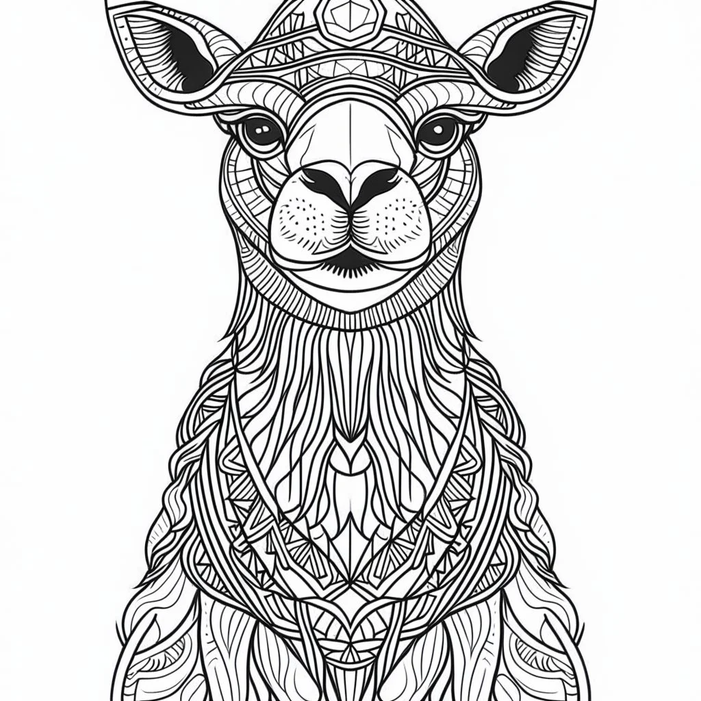 Camel, front view, mandala, minimal lines, cartoon, white back ground color, real style, realistic, minimalistic, minimal black line art, line art, crisp line art, unique coloring sheet, outlined, outline, crisp, crisp line edges, illustration, thin lines, crisp clear lines, line art, clean line art, unique, 8k, amazing, masterpiece, no colors, no dark color, no black color, avoid thick black, minimalistic line edges, pure white back ground, image character full fit to page,