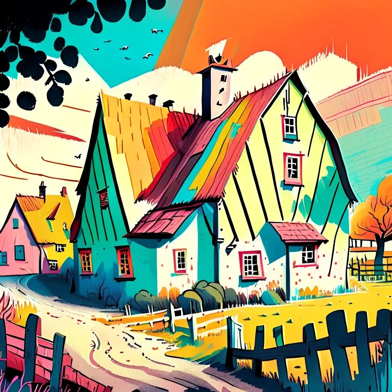 drawing of a colourful village farm building in the style of art novel