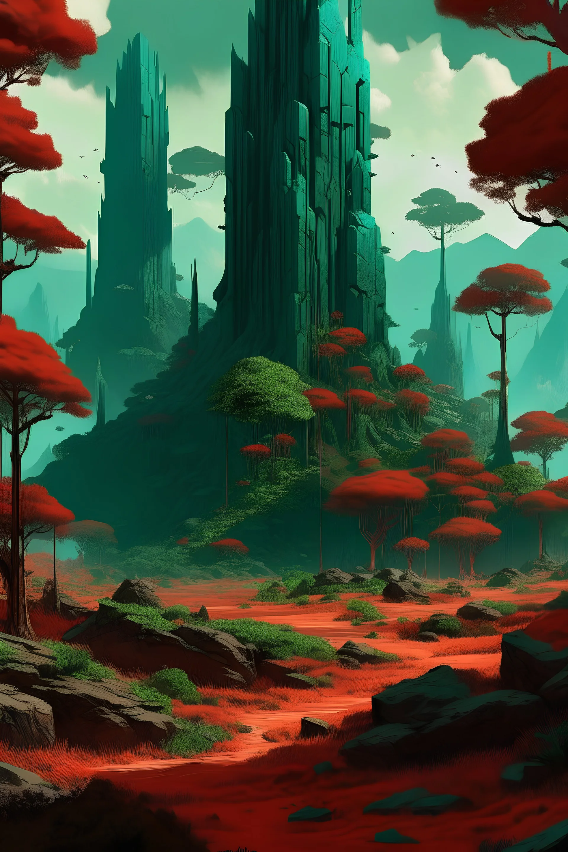 Fantasy landscape of a teeming emerald jungle with trees that have red bark, and rich red soil beneath. In the middle of a clearing is an ancient obsidian tower, not too tall but decidedly sleek and imposing.