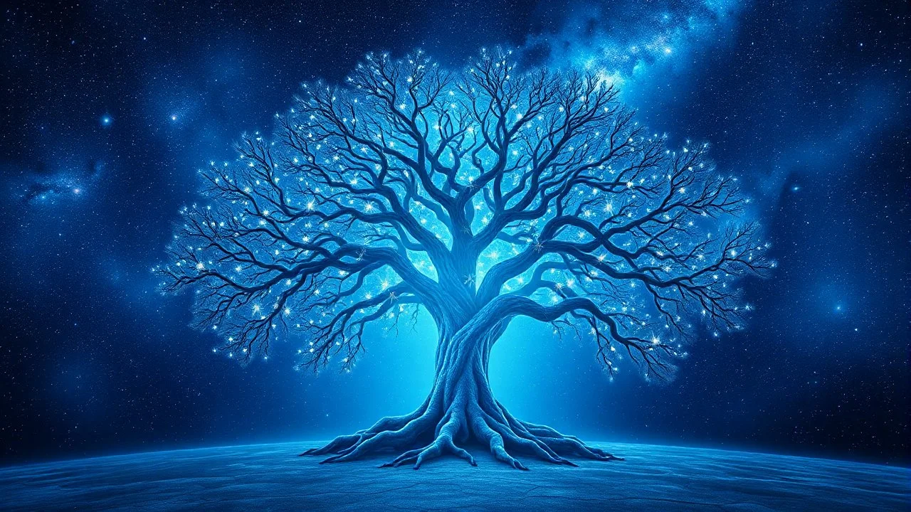 A large and sturdy tree of life in the center with luminous branches in a blue and galaxy-colored space in a special, eye-catching and psychedelic space.