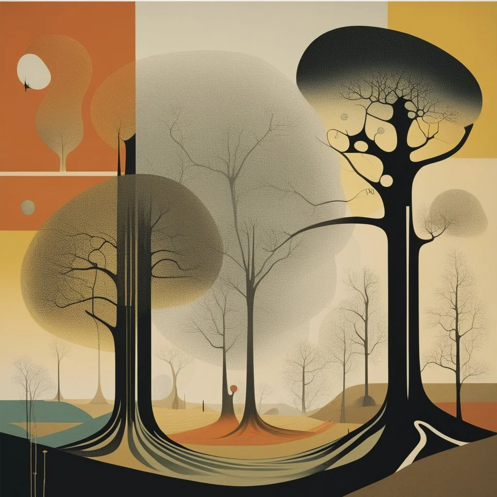 Entropic geometries and genealogy trees, abstract surrealism, by Graham Sutherland and Victor Pasmore and Oskar Schlemmer and Andy Kehoe, silkscreened mind-bending illustration; abstract nature landscape, asymmetric, Braille code characters, UV x-ray warm colors