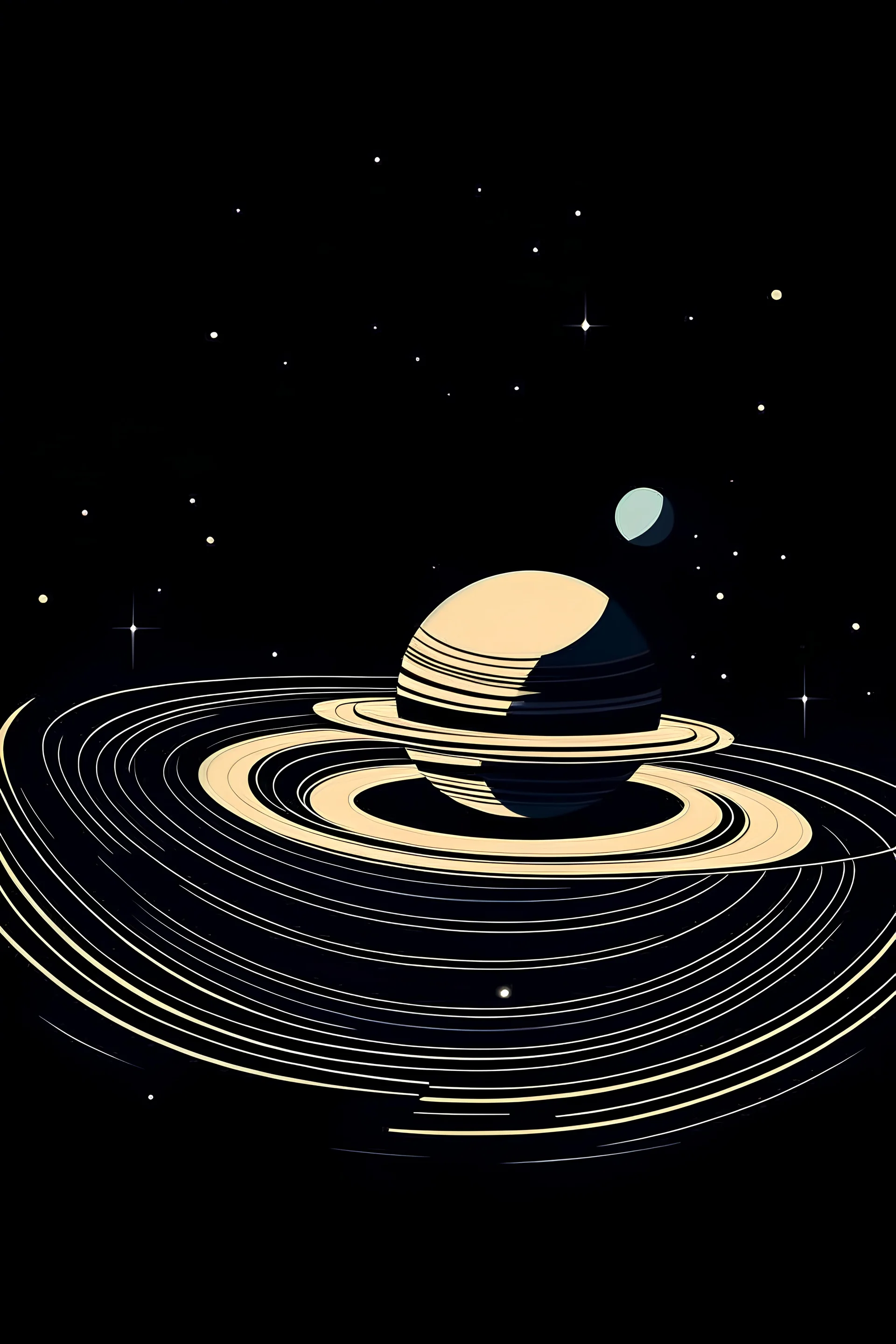 Saturno y la luna en el universo, al estilo de KANDISKY