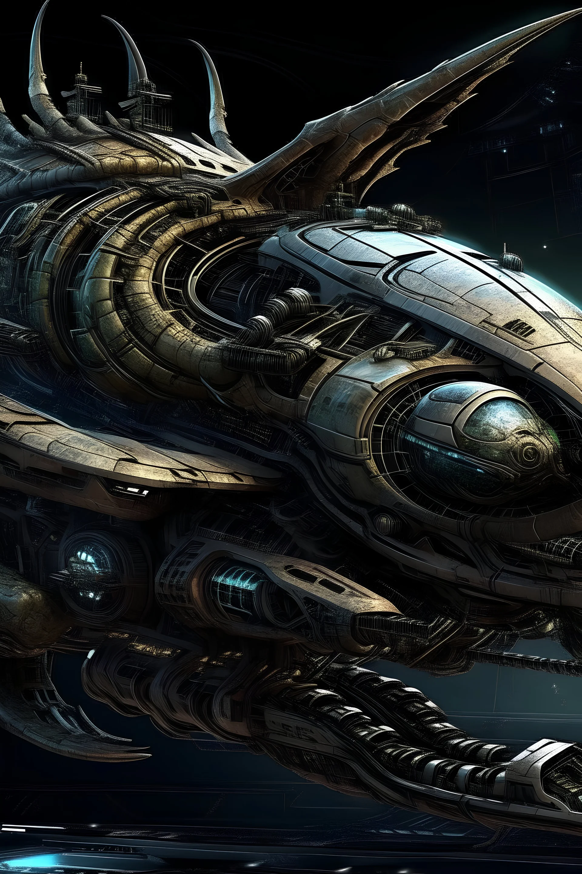 magitek spaceship, dragon, biomechanical, creature, space, zoom out, whole frame